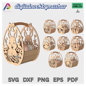 Conjunto de porta-ovos de coelho em madeira 3D, peça para artesanato em madeira Glowforge, recipiente para doces em madeira compensada, download digital Xtool.