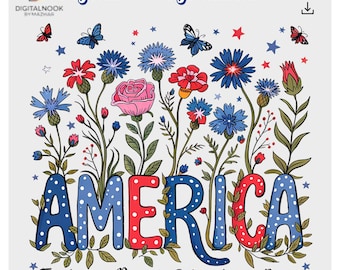 Bandera estadounidense floral PNG, sublimación del 4 de julio, gráfico botánico patriótico de EE. UU., camiseta de la independencia