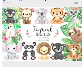 Watercolor Safari Animals Clipart, Tropical Jungle PNG Bundle, Kids & Nursery Graphics