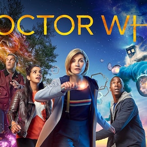 May include: Poster for the television show "Doctor Who" featuring a group of people looking up in awe. The title is in gold lettering. The background is a colorful mix of blues, oranges, and purples, with a TARDIS and other sci-fi elements.