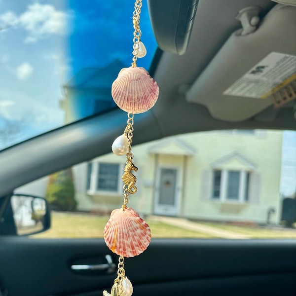 Coastal Charm Rearview Mirror Hanger – Real Seashells, Pearls & Beach Charms