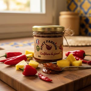 Puede incluir: Un tarro de mermelada de pimiento "Spicy Passion" con tapa dorada, atado con hilo. Chiles rojos y cubos de queso amarillo rodean el tarro sobre una tabla de cortar de madera. Se ve una cucharada de mermelada.