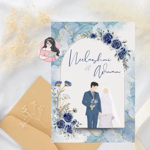 Faire-part Nikah en toile/modifiable | Modèle imprimable de mariage musulman avec des fleurs royales d'or et de bleu