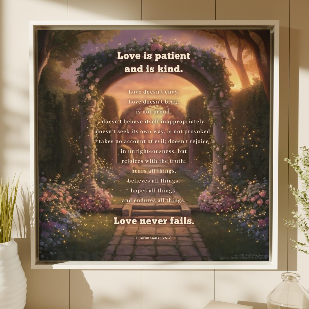 1 Corinthians 13:4-8 Scripture Wall Art, Framed Floral Canvas, Love is ...
