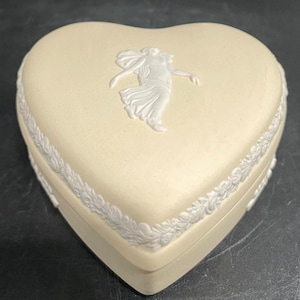 Vintage Wedgwood Primrose Yellow Jasperware Heart Trinket Box, White Angel Relief, Made in England