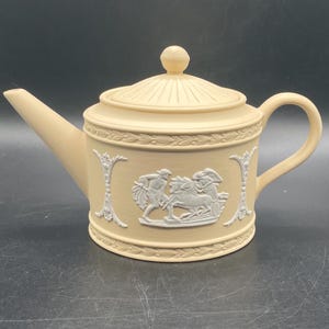 Vintage Wedgwood Primrose Yellow Jasperware Miniature Teapot, Ulysses Relief, Made in England