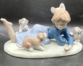 Lladro Figurine, "Playful Romp", #5594, Retired, Original Box, Girl with Puppies