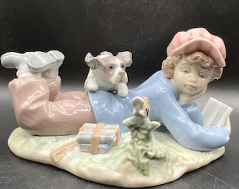 Lladro Figurine, "Study Buddies", #5451, Retired, Original Box, Boy Reading Book with Dog