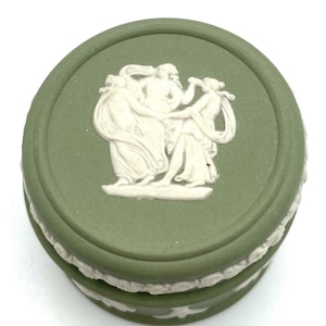 Vintage Wedgwood Sage Green Jasperware Round Trinket Box, Classical Relief, Made in England