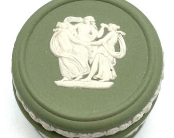 Vintage Wedgwood Sage Green Jasperware, Mini Trinket Box, Classical White Relief, 1960s, Made in England