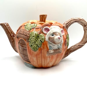 Vintage Fitz and Floyd &quot;Harvest Mouse&quot; Pumpkin Teapot, Autumn Whimsy, 1988