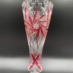 Vintage Czech Bohemian Ruby Red Cut to Clear Crystal Vase – Starburst Pattern, Heavy Lead Crystal, 9&quot; Tall 1960s