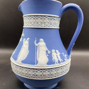 Vintage Wedgwood Blue Jasperware Etruscan Pitcher, Neoclassical Design, White Cameo Relief Motifs, Made in England 1940s