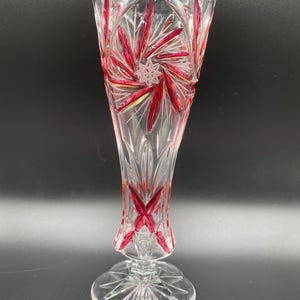 Bohemian Ruby Red Cut to Clear Lead Crystal Vase, Starburst Design