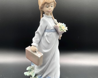 Lladro Figurine, "School Days", #7604, Retired, Original Box, Girl with Flowers