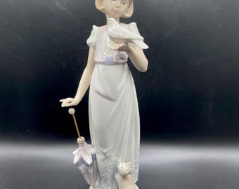 Lladro Figurine “Summer Stroll” #7611, Retired, Girl with Umbrella, Bird and Cat