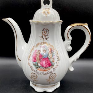 Vintage Lusterware Teapot, Iridescent Porcelain with Courting Scene, Gold Trim, 1950s”