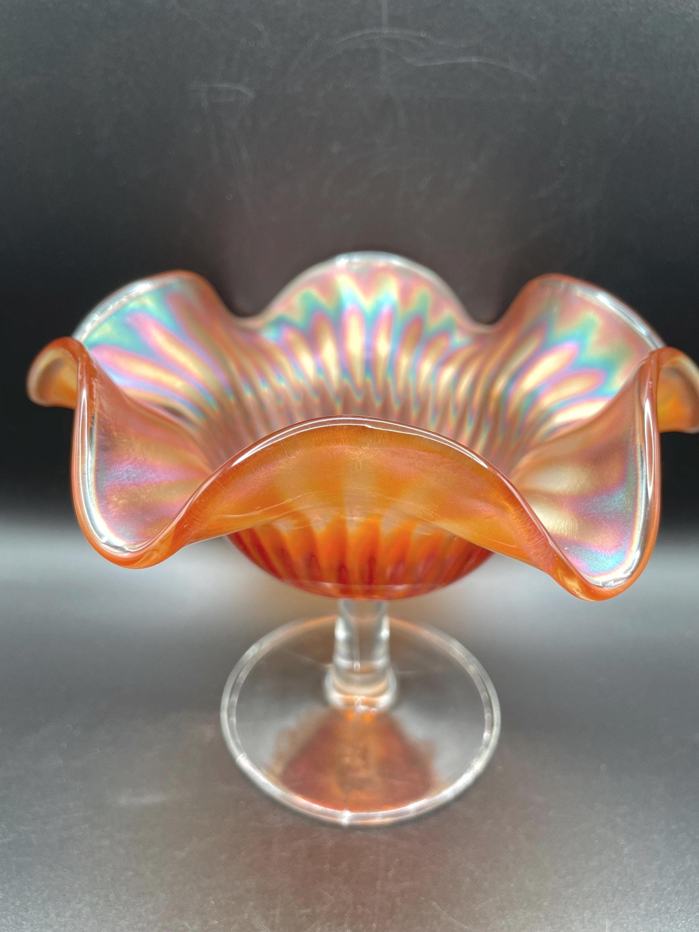 Northwood Golden Iris Carnival Glass Compote, Antique Smooth Rays Pattern