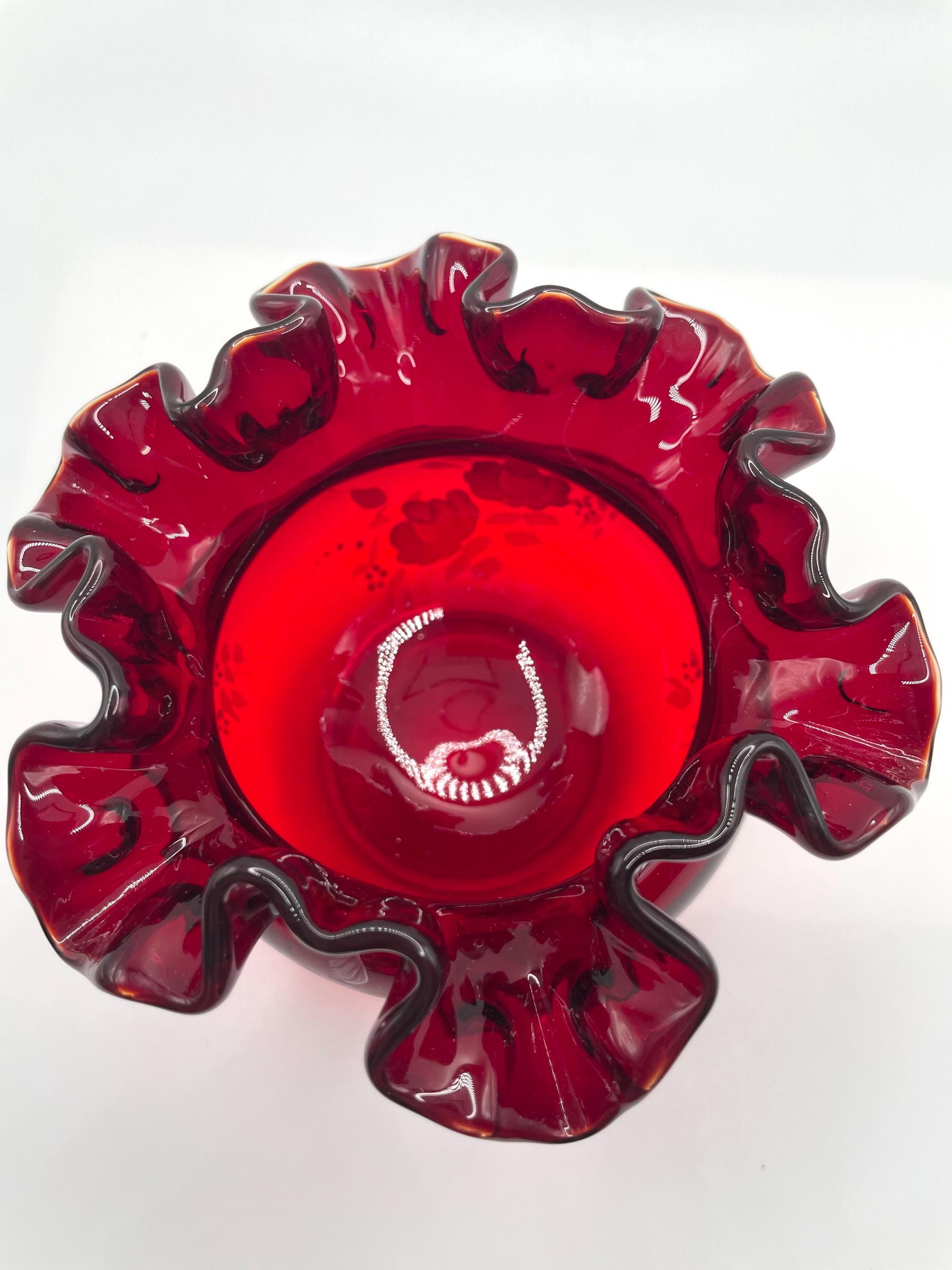 Fenton Ruby Red Bowl Ruffle Fenton Ruby Red Rose Bowl, Hand‑painted White Roses, Ruffled Edge ...