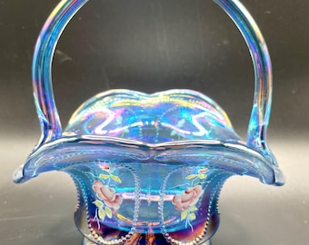 Vintage Fenton Blue Iridescent Carnival Glass Basket – Hand-Painted Roses with Applied Handle, Artist Signed, 1990s