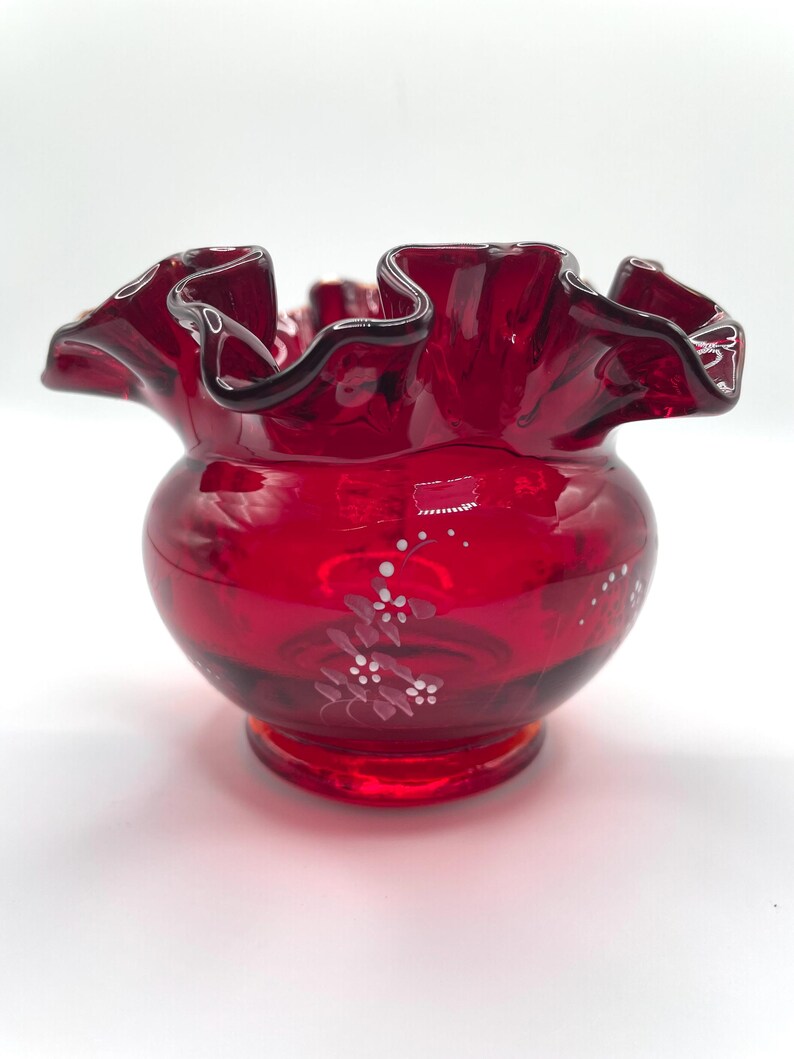 Fenton Ruby Red Bowl Ruffle Fenton Ruby Red Rose Bowl, Hand‑painted White Roses, Ruffled Edge ...