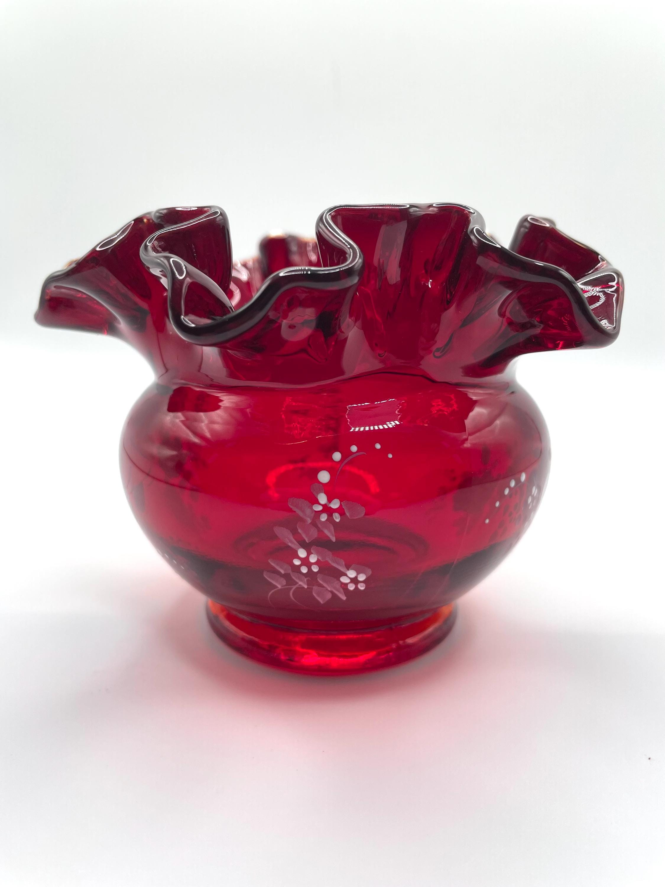 Fenton Ruby Red Bowl Ruffle Fenton Ruby Red Rose Bowl, Hand Painted White Roses, Ruffled Edge ...