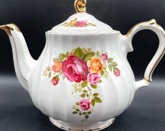 Vintage Sadler Swirl Teapot, Pink and Yellow Roses with 22kt Gold Accents 1940s Collectible