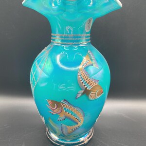 Fenton Turquoise Overlay Designer Showcase Vase, Hand Painted Koi and Seahorse, Artist Signed