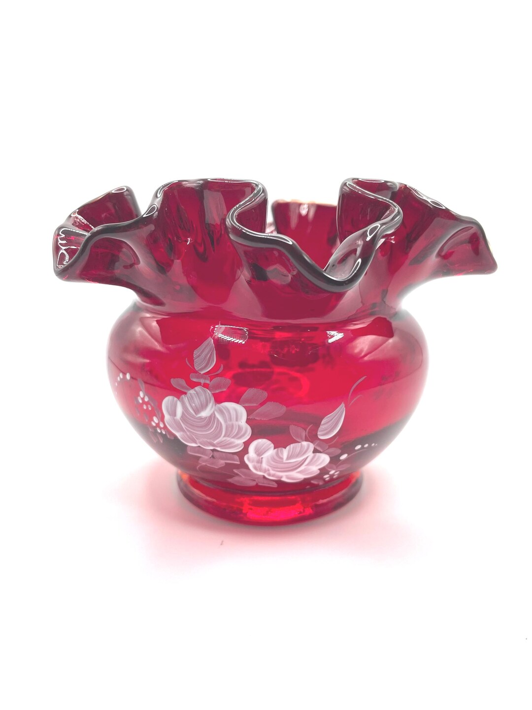 Fenton Ruby Red Bowl Ruffle Fenton Ruby Red Rose Bowl, Hand Painted White Roses, Ruffled Edge ...