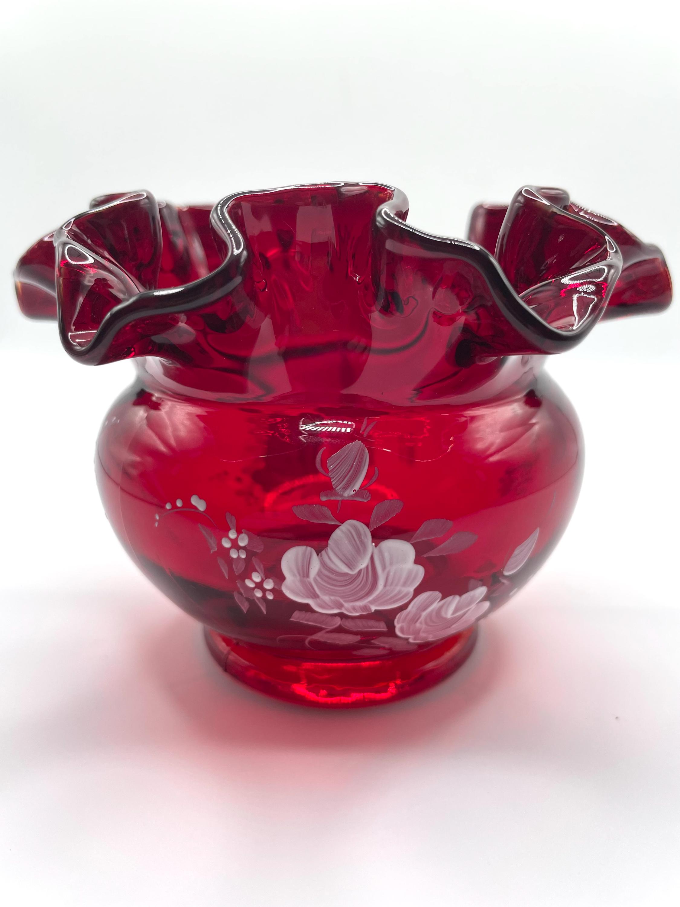 Fenton Ruby Red Bowl Ruffle Fenton Ruby Red Rose Bowl, Hand‑painted White Roses, Ruffled Edge ...