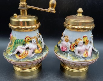 Vintage Capodimonte Salt & Pepper Set – Cherub Porcelain with Brass Accents – Made in Italy, 1960s