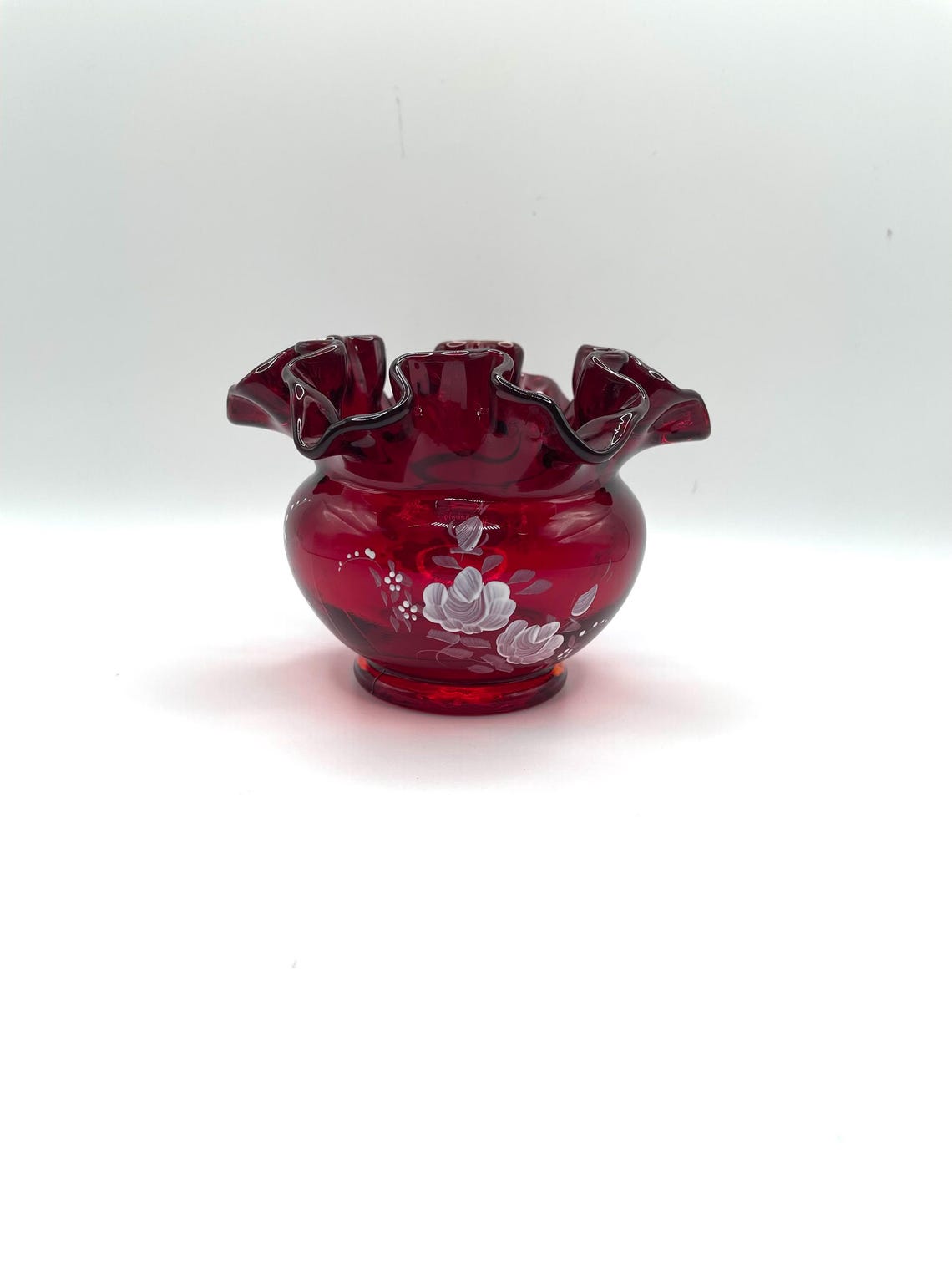 Fenton Ruby Red Bowl Ruffle Fenton Ruby Red Rose Bowl, Hand Painted White Roses, Ruffled Edge ...