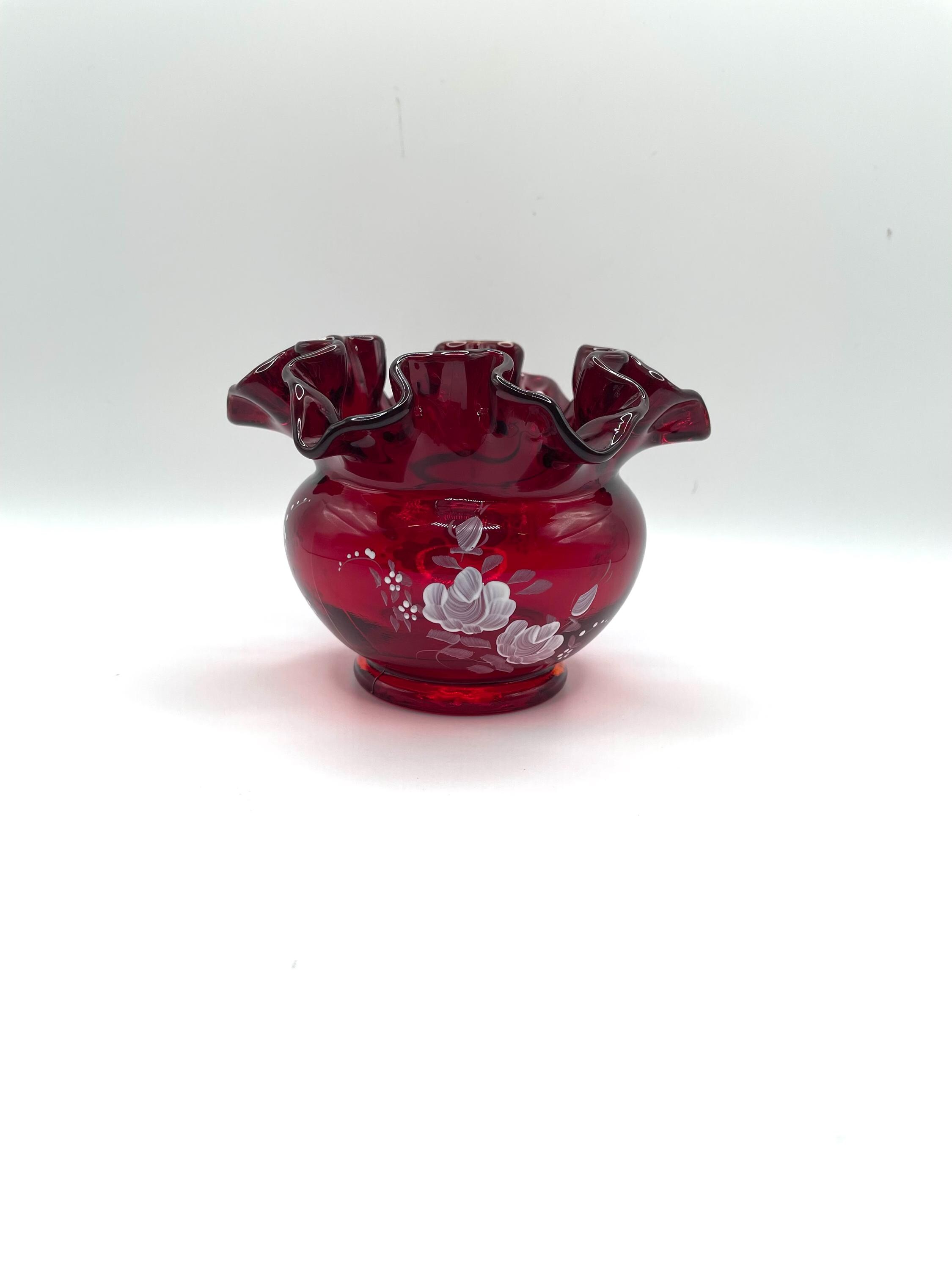 Fenton Ruby Red Bowl Ruffle Fenton Ruby Red Rose Bowl, Hand‑painted White Roses, Ruffled Edge ...