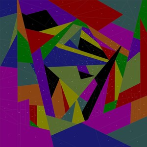 May include: Abstract geometric artwork featuring a complex arrangement of colorful triangular and polygonal shapes. The design incorporates a variety of colors, including red, green, blue, purple, and black, creating a visually dynamic composition.