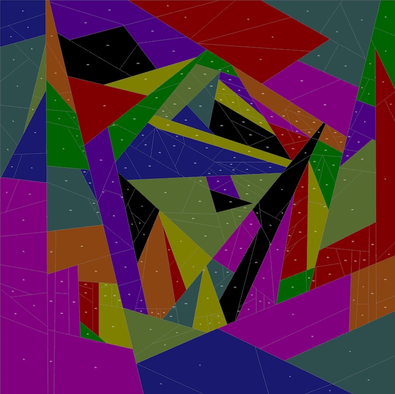May include: Abstract geometric artwork featuring a complex arrangement of colorful triangular and polygonal shapes. The design incorporates a variety of colors, including red, green, blue, purple, and black, creating a visually dynamic composition.