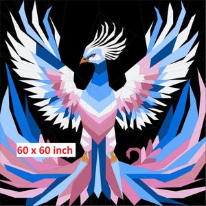 May include: A colourful geometric design of a phoenix with a 60 x 60 inch measurement. The phoenix is made up of pink, blue and white triangles.