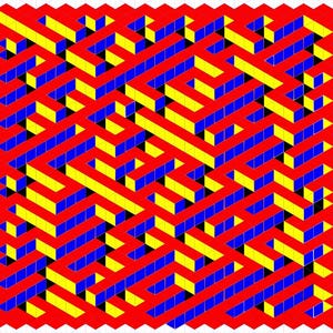 May include: Abstract geometric pattern with a repeating design of red, yellow, blue, and black squares and triangles. The pattern creates an optical illusion of three-dimensional cubes.