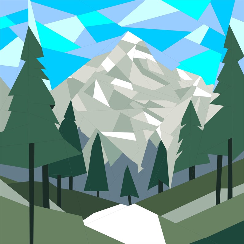 May include: Geometric illustration of a mountain landscape. The artwork features a snow-capped mountain, evergreen trees, and a path, all rendered in a low-poly style with shades of green, gray, and blue. The sky is a mosaic of blue and turquoise.