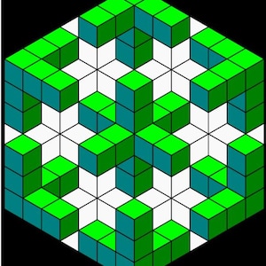 Puede incluir: Una ilusión óptica 3D de un cubo hecho de cubos más pequeños. Los cubos están dispuestos en un patrón de verde y azul, creando una sensación de profundidad y perspectiva.