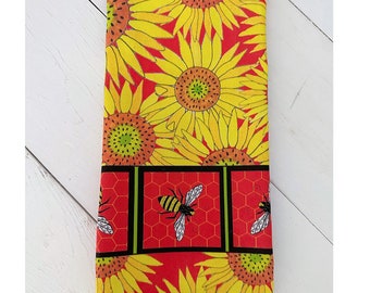 Bees and Sunflowers on Red Tea Towel