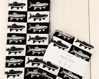 Trout in Black & White Tea Towel