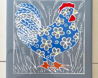 Blue Rooster on Gray Trivet