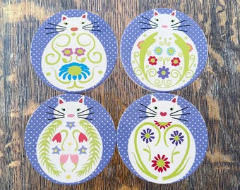 Cats and Flowers Round Drink Coaster Set
