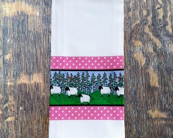 Sheep and Hollyhocks Tea Towel