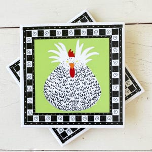 White Hen on Green Ceramic Drink Coaster
