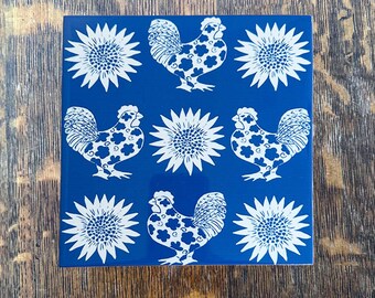 Chickens and Sunflowers on Blue Trivet