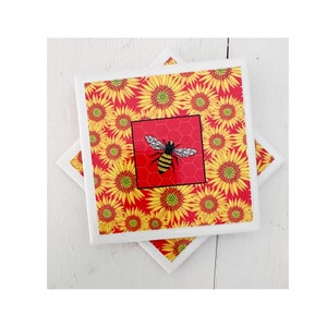 Bee and Sunflowers on Red  Ceramic Drink Coaster