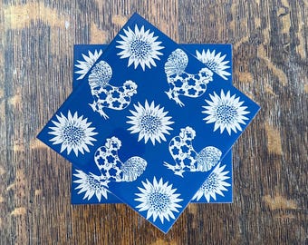 Chickens and Sunflowers on Blue Drink Coaster