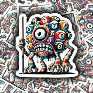 BILLIARDS MONSTER Vinyl Sticker for Laptop Water Bottle Skateboard Journal Quirky Gift for Art Lovers Weirdos Hybrid Monsters