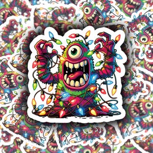 CHRISTMAS LIGHTS MONSTER Vinyl Sticker for Laptop Water Bottle Skateboard Journal Quirky Gift for Art Lovers Weirdos Hybrid Monsters